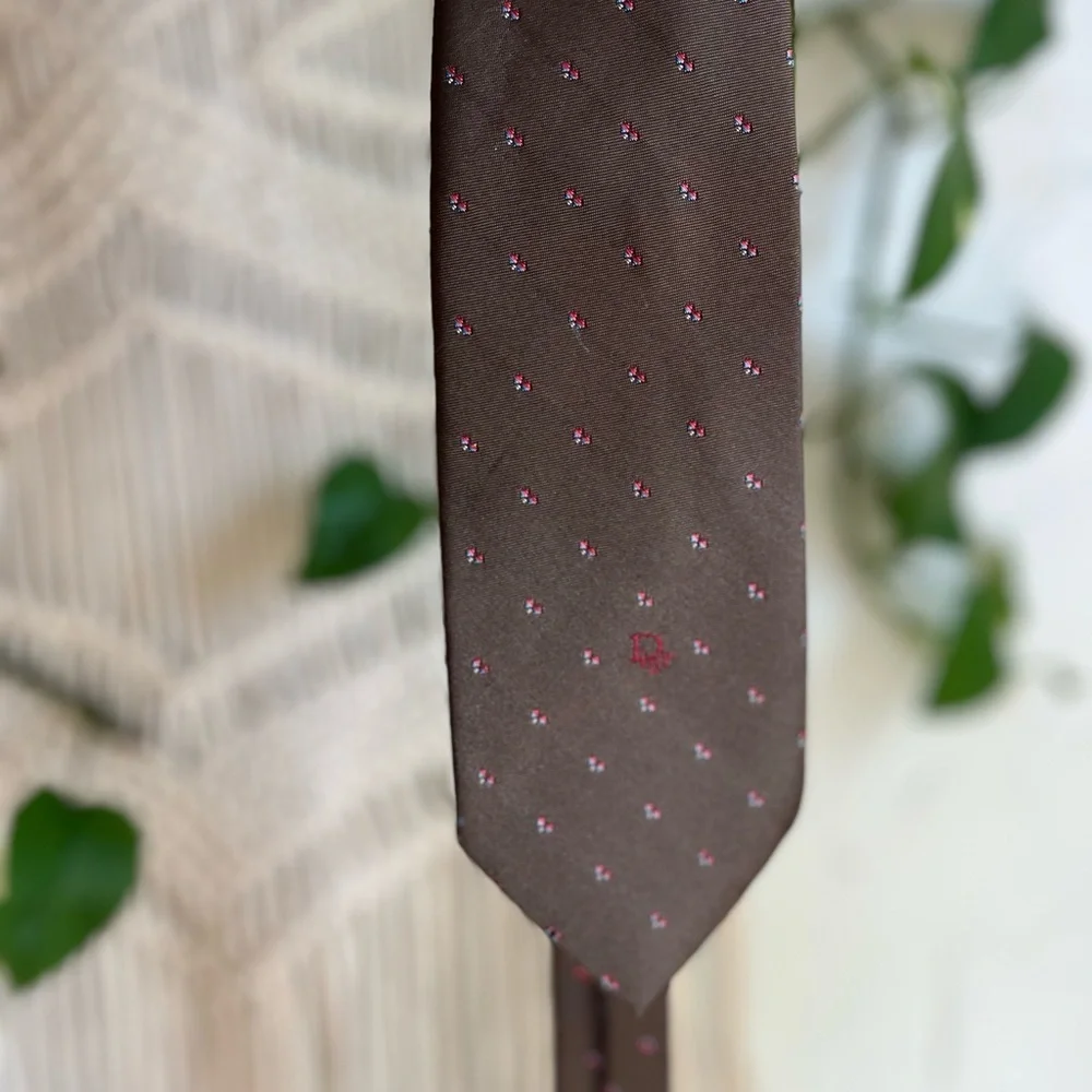 Christian Dior Vintage Silk Blend Tie Brown Print Classic Width Designer Necktie
